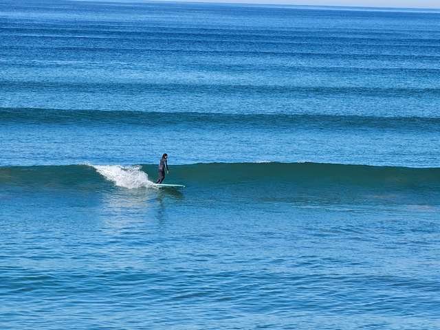 Longboarder on a wave in front of the shop